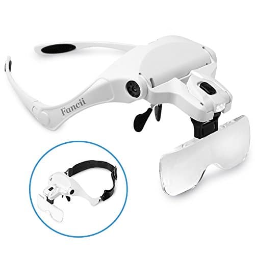Fancii Lunettes Loupe Grossissante avec Éclairage LED - 1X - 3,5X Zoom avec 5 Lentilles Amovibles - Casque Loupe Frontale Serre Tête avec Lumière pour Lecture, Bijoutier, Couture, et Bricolage