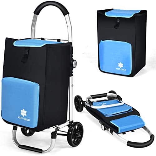 GOPLUS Chariot de Courses Pliable 53 L avec Cadre en Alliage d'Aluminium et Compartiment Réfrigérant,Caddie Course Portable avec 2 Roues et Sac Détachable en Tissu Oxford,Idéal pour Courses,Camping