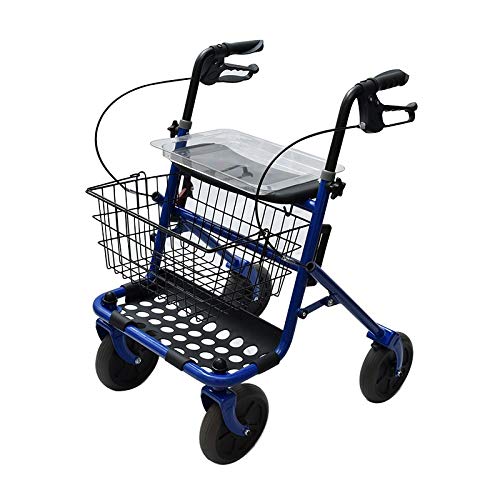 Rollator en acier pliable bleu – Déambulateur pour personnes âgées avec 4 roues, siège et freins