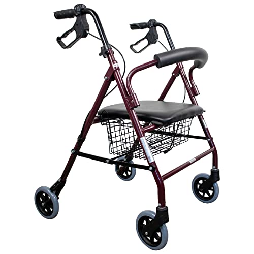 Mobiclinic, Déambulateur pour personnes âgées, Mod. Escorial, Marque européenne, Pliable, Freins manuels et blocables, Aluminium, Panier, Léger et résistant, Avec siège et 4 roues, Bordeaux