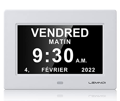 LEMNOI 7" Pouce LCD Horloge Numérique Calendrier avec Date Jour Et Heure Horloge Non-Abrégée Auto Dimming 8 Langues HD Display Rappel pour Alzheimer Les Personnes âgées et Les Enfants