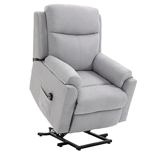 HOMCOM Fauteuil releveur électrique, Fauteuil Relax électrique avec Repose-Pied, Dossier inclinable, télécommande et Poche latérale Charge 120kg Tissu Aspect Lin Gris Clair