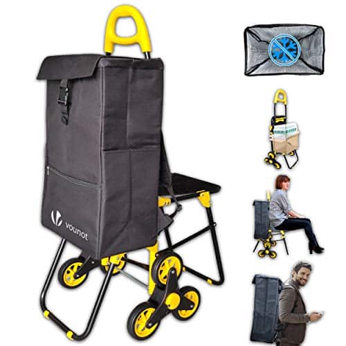 Chariot de Course Pliable avec siège | Chariot marché 3 Roues de Chaque côté | 4 en 1 Chariot de Course à roulettes | Sac Isotherme – Sac à Dos – Siège – Diable -Caddie Panier Montant escalier