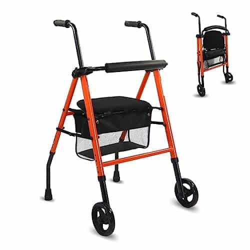 Mobiclinic, Nerón, Déambulateur 2 roues, Rollator, Pliable et réglable, Marque européenne, Avec panier siège, Léger, Orange, Acier