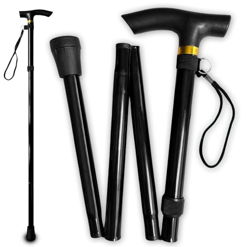 OrtoPrime Canne de Marche Pliable et Réglable pour Seniors - Canne Pliante Légère et Robuste, Confortable pour Hommes et Femmes, Noire.