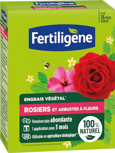 FERTILIGENE FEGROS650 - Engrais Végétal Rosiers et Arbustes à Fleurs 650 g - Une floraison plus abondante - Seulement 1 application en 3 mois - Jusqu'à 26 pieds - Produit 100% naturel avec zéolite