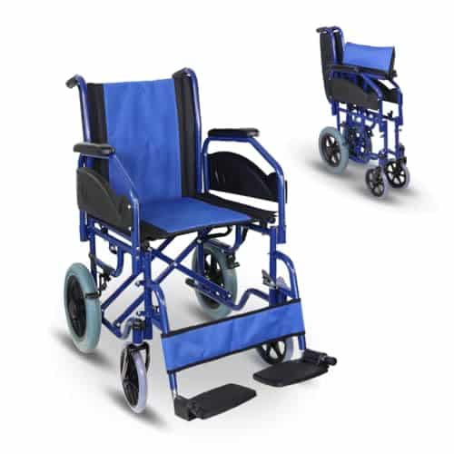 Mobiclinic®, Fauteuil roulant pliable, Maestranza, Freins de stationnement, Siège de 45 cm, Repose-pieds amovibles, Accoudoirs pliants et rembourrés, Petites roues, Robuste, Couleur bleue