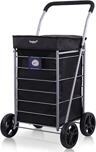 Hoppa Léger 4 Roues Premium 2023 Modèle Pliable Chariot Courses Extra Large Capacité 64l Sac Chariot Courses, 95cm, 4.8kg, Pousser/Tirer Escalier (Noir)