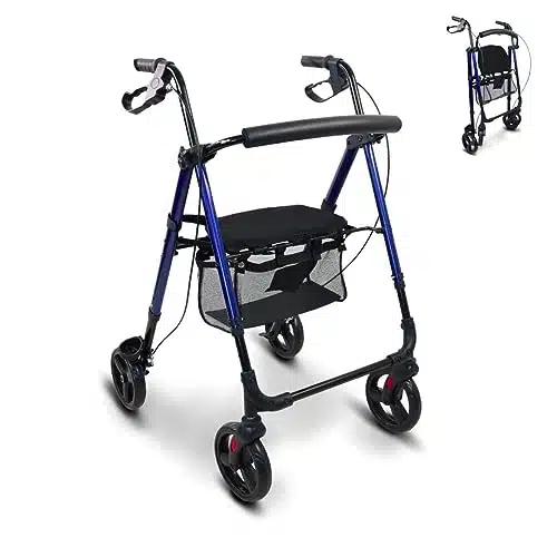 Mobiclinic®, Déambulateur 4 Roues Leger, Pliable, Augusto, Léger, Pieds et Siège Réglables, Porte-poteau, Panier, Réglable, Aluminium, Bleu