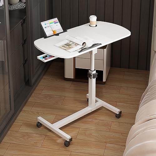 Lvhecforhm Table de Lit Roulette, Hauteur Ajustable Laptop Support de Souris Séparé, Bureau Debout Mobile 60x40CM avec Petit Tiroir, Bureau Pliable, 360° Bureau D'ordinateur Levage Rotatif Blanc