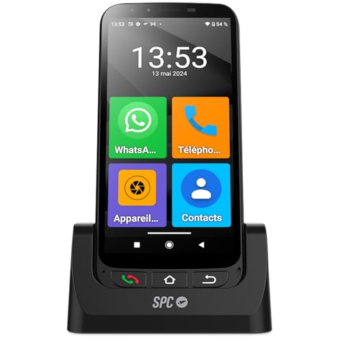 SPC ZEUS 4G Pro + Coque – Smartphone pour Seniors 4G, Mode Facile avec Grandes icônes, Bouton SOS, Configuration à Distance, Boutons physiques, 64Go de ROM, caméra 13MP, Android 11, Socle de Charge