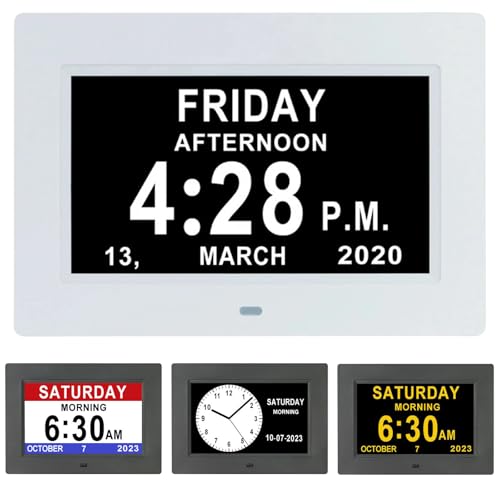 PZCC 7 Pouces LCD Horloge Numérique Calendrier avec Date Jour Et Heure Horloge Non-Abrégée Auto Dimming 8 Langues HD Display Rappel pour Alzheimer Les Personnes âgées et Les Enfants (Blanc)
