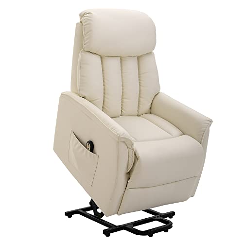 HOMCOM Fauteuil releveur électrique, Fauteuil Relax électrique avec Repose-Pied, Fauteuil Relaxant avec Dossier inclinable, télécommande et Poche latérale Charge 150 kg revêtement synthétique crème