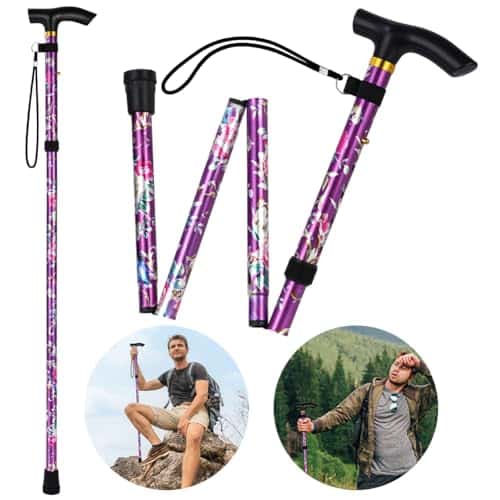Flintronic Canne de Marche Pliable, Cannes de Marche Hauteur Réglable à 5 Niveaux, Bâtons de Marche avec Dragonne et Poignée en T, pour Femme Homme Personnes Agées Randonnée (Réglable 85 cm - 95 cm)