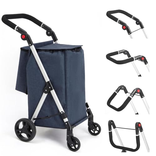 LEUYA ABC Chariot de Courses, 46L Chariot de Courses 4 Roues, avec Sac Isotherme, Poignées Réglables, Pliable, léger en Aluminium (Bleu)