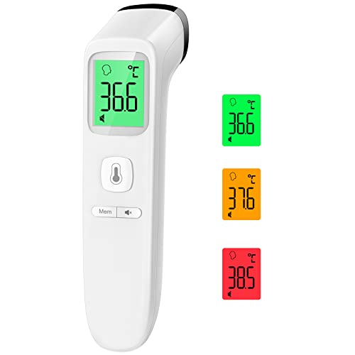Thermomètre Frontal Sans Contact, Thermometre Bebe, Thermomètre Médical Numérique Infrarouge pour Adultes, Lecture Précise avec Ecran LCD, Mode Muet, Rappel de Mémoire, Alarme de Fièvre, Blanche
