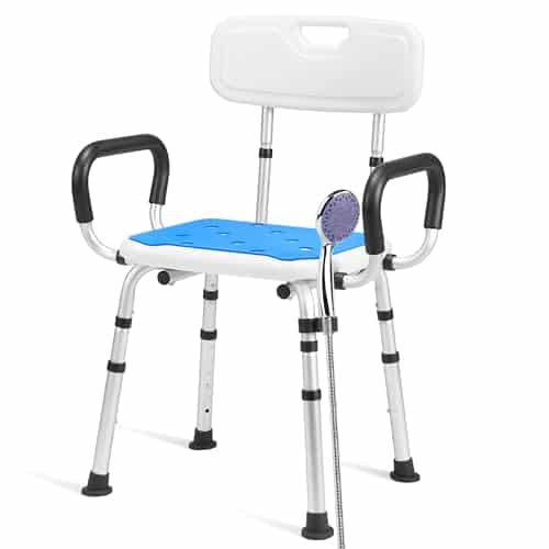 Careboda Chaise de Douche - Tabouret de Douche Personnes âgées - avec Dossier et accoudoirs, réglage de la Hauteur à 6 Positions,Anti-Glissement adaptée pour Baignoire et Douche- Blanc/Bleu