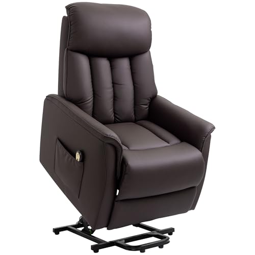 HOMCOM Fauteuil releveur électrique, Fauteuil Relax électrique avec Repose-Pied, Fauteuil Relaxant avec Dossier inclinable, télécommande et Poche latérale Charge 150 kg revêtement synthétique Marron
