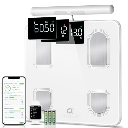 arboleaf Balance de graisse corporelle avec capteurs manuels rétractables pour analyse corporelle, balance avec graisse corporelle et masse musculaire, balance personnelle 180 kg/400 lb avec App