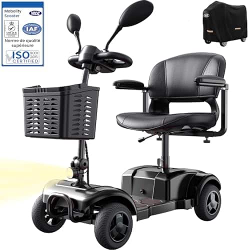 VOCIC D42 Scooter de mobilité pliable bis 135KG,20KM scooter électrique 4 roues tout terrain avec bâche et panier,Scooter de mobilité stable avec pneus increvables,Support 5 ans| Noir