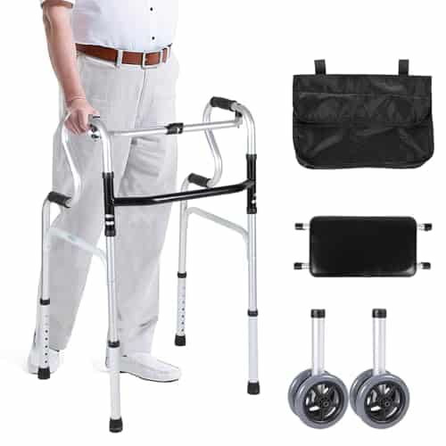 Ollewiellan Déambulateur pour personnes âgées - Pliable avec 2 roulettes pivotantes - Déambulateur pour adultes - Réglable en hauteur - En aluminium - Antidérapant et stable - Jusqu'à 180 kg - Argenté