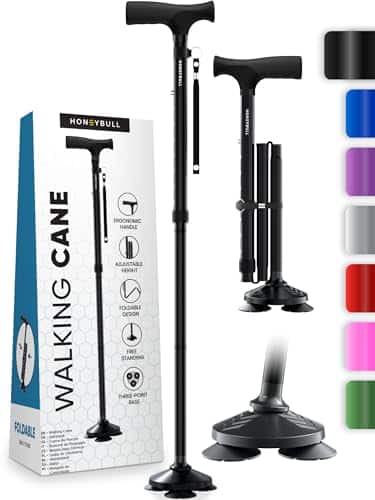 HoneyBull Canne de Marche Tripode en Aluminium pour Hommes et Femmes Pliable Réglable Robuste Tout Terrain Anti Dérapant, Aide à la Mobilité Personnes âgées (Noire)
