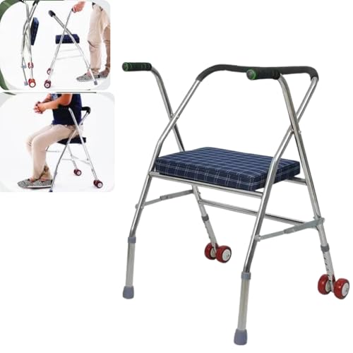 AIRM HEALTH 7997 - Chariot pliable avec 2 roues avant - Hauteur réglable (79 à 89 cm) - Avec banc, léger et compact - Déambulateur pour personnes âgées