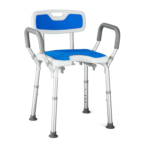 Modundry Chaise de Douche Siège en U avec Accoudoirs Dossier Tabouret Salle de Bain Hauteur Réglable Antidérapant Charge 180 kg Siège de Douche, Aide à la Douche pour Personnes Âgées Femmes Enceintes