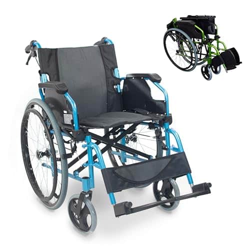Mobiclinic®, Bolonia, Fauteuil roulant, Pliable et léger, Aluminium, Dossier divisible, Repose-pieds amovible, Accoudoirs pliants, Pour adultes, Bleu
