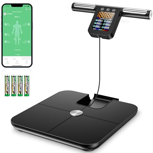 Onherm Balance Pèse Personne, Pèse-Personne Numérique à 8 électrodes avec écran LCD, Avec APP et Poignée Rétractable, 32 Données de Mesure, Pour Mesurer la Graisse Corporelle, BMI, Muscle, etc.