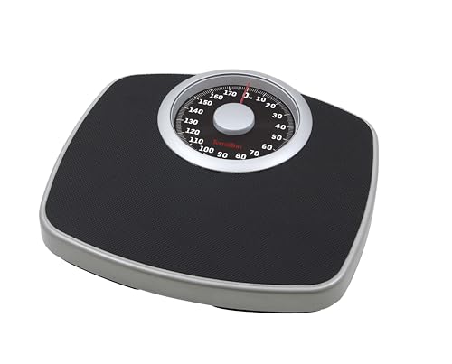 TERRAILLON - NEO T - Pèse personne mécanique, Large plateau métal avec revêtement anti-dérapant, Grand cadran haute lisibilité, Balance robuste, Capacité 180 kg, Graduation 1 kg, Noir et Argent