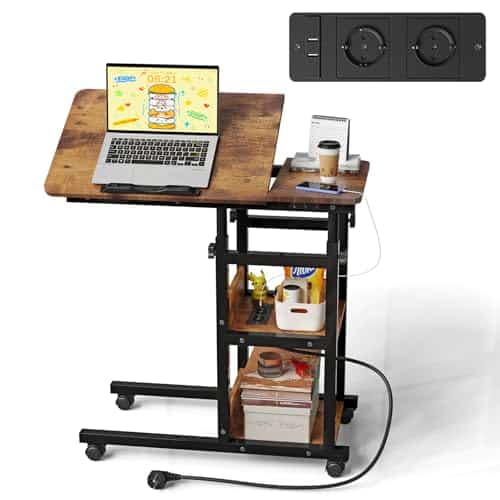 OXFENSEE Table Roulante 80 cm x 40 cm Table d'Appoint Mobile Réglable en Hauteur avec Prise et USB C Bureau Réglable pour Chambre à Coucher, Salon - Aspect Bois Vintage