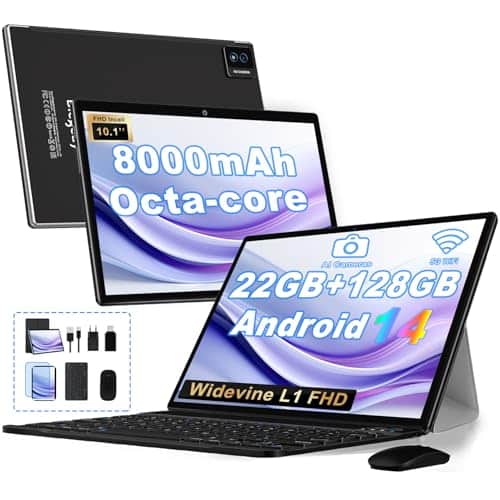 Tablette Android 14 Tablette 10 Pouces 22Go RAM + 128Go ROM(2To Extensible), Octa-Core, GMS Tablette Tactile, WiFi 6, 5G Wi-FI, Widevine L1, 8000mAh, GPS, Tablettes avec Clavier+Souris et Cas-Noir