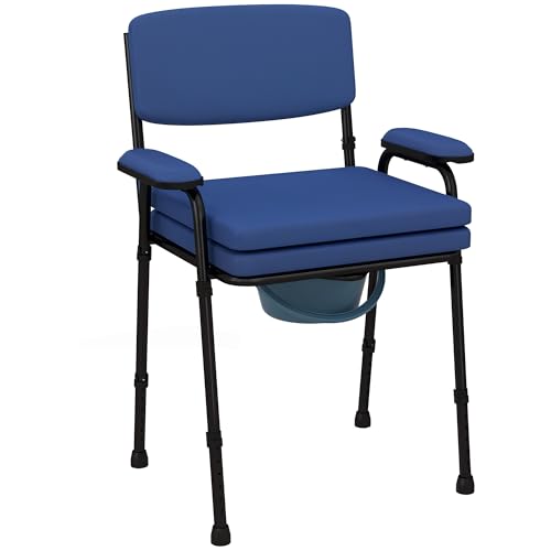 HOMCOM Chaise Percée Toilette, Chaise de Toilette Antidérapante, Chaise Pot de Chambre Adulte 5-1 Multifonctions, Hauteur Réglable, Seau Amovible - Dossier, Siège et Accoudoirs Rembourrés, Bleu
