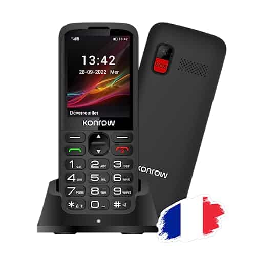 Konrow Senior 280 - Grosses Touches - Très Facile d'Utilisation - Écran 2,8'' Lisibilité Optimale - Double Sim - Station de Charge - Bouton SOS - Appareil Photo et Bluetooth - 32Mo RAM - Noir