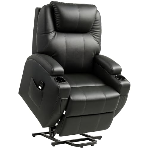 HOMCOM Fauteuil releveur électrique, Fauteuil Relax électrique en PU, Repose-Pied, Dossier inclinable, Port USB, télécommande, Porte-gobelets et Poches latérales, pour Personnes âgées, Noir
