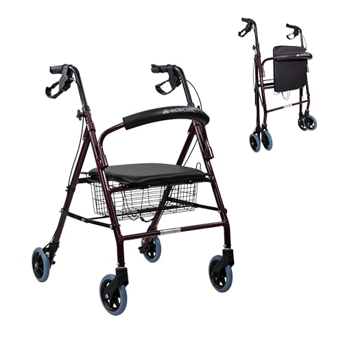 Mobiclinic®, Déambulateur pour personnes âgées, Mod. escorial, Marque européenne, Pliable, Freins manuels et blocables, Aluminium, Panier, Léger résistant, Avec siège 4 roues, Bordeaux