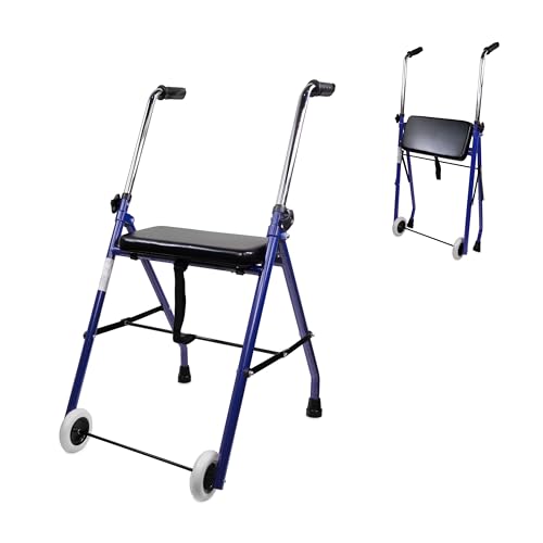 Mobiclinic®, Déambulateur, Pliable, Emérita, Réglable, Robuste, Avec Siège et 2 Roues, Acier, Poignées Ergonomiques, Léger, Bleu