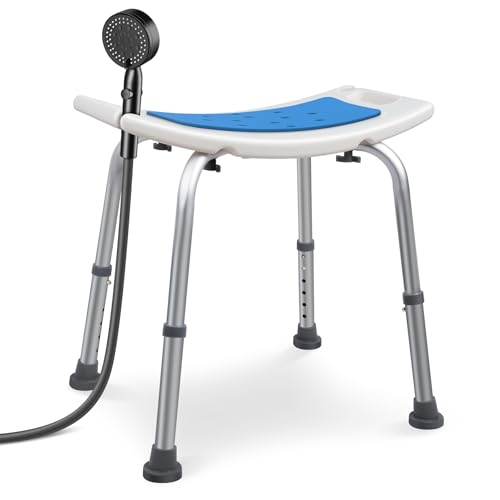VOUNOT® Tabouret de Douche Hauteur Réglable 38 à 52 cm Siège de Douche Ergonomique avec Pieds Antidérapants pour Personnes Âgées Chaise de Bain Charge Max. 136kg Blanc Bleu