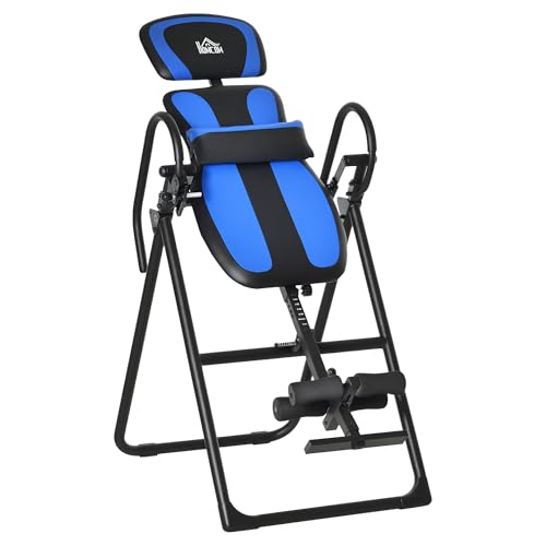 HOMCOM Table d'inversion Pliable réglable entraîneur de gravité Banc d'étirement pour thérapie du Dos avec Coussins de Cheville jusqu'à 110kg - en Acier, Noir et Bleu