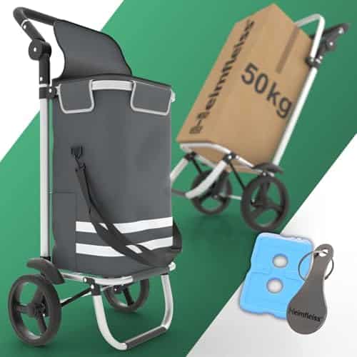 Heimfleiss® Chariot de Courses Pliable 56L | Caddie de Courses Pliant avec 50kg de Charge Utile | Sac de Courses Léger à roulettes | Chariot de Shopping XL avec Compartiment Isotherme | Gris