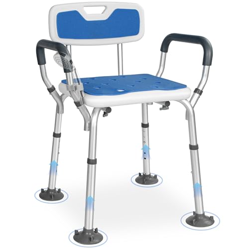 OUUTMEE Tabourets de Douche Réglable en Hauteur, Chaise de Douche avec Accoudoirs et Dossier, Pieds Antidérapant, Siège de Douche pour Personnes Âgées, Handicapées, Enceintes et Patients, Max. 150 KG