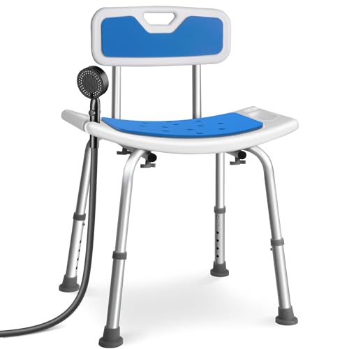 VOUNOT® Chaise de Douche avec Dossier Hauteur Réglable 70 à 83cm Siège de Douche Ergonomique avec Pieds Antidérapants pour Personnes Âgées Chaise de Bain Charge Max. 136kg Blanc Bleu
