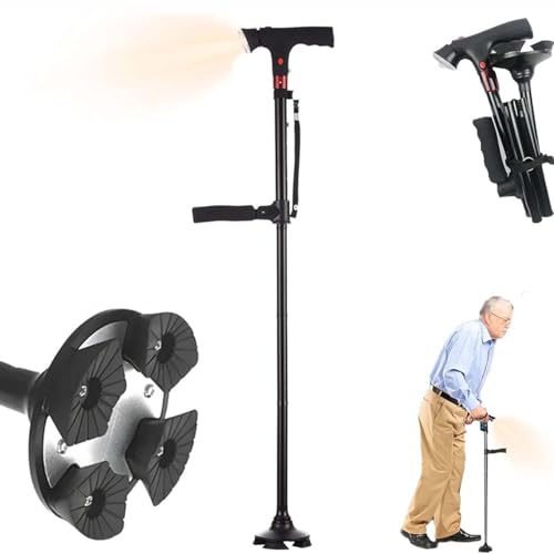 Ready Walker Cane with Light,Cannes Pliantes réglables de Voyage,Canne Intelligente à Deux poignées avec Alarme, Bâton de Marche Pliable pour Femme,Homme,Personnes Âgées