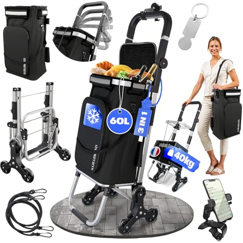 Chariot De Courses 6 Roues Imperméable - Grand Sac Isotherme + Crochets – Caddie De Courses Pliable Trolley Pratique, Robuste – Chariot Courses Isotherme Escaliers, Marché– Chariot à Roulettes Courses
