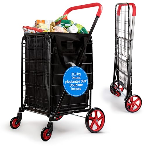 SereneLife Chariot de Courses - Caddie de Courses Pliable avec Roues Pivotantes à 360°- Capacité de 32 kg - Chariot à roulettes Portable et Rétractable pour Achats, Linge, Bagages - Rouge