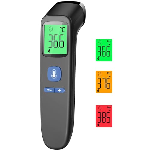 Thermomètre Frontal Sans Contact, Thermometre Bebe, Thermomètre Médical Numérique Infrarouge pour Adultes, Lecture Précise avec Ecran LCD, Mode Muet, Rappel de Mémoire (Noir)