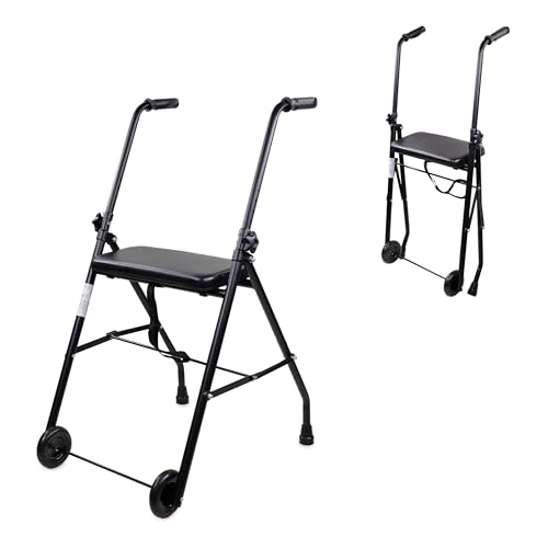 Mobiclinic®, Déambulateur, Pliable, Emérita, Réglable, Robuste, Avec Siège et 2 Roues, Acier, Poignées Ergonomiques, Léger (Noir Mat)