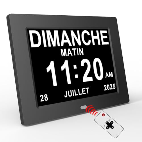 Sinoviwe 8" Horloge Réveil Numérique Calendrier avec Date,Jour Et Heure,Température,Humidité,Horloge Alzheimer,Seniors, C'est pour Les Parents, Et Enfants avec télécommande