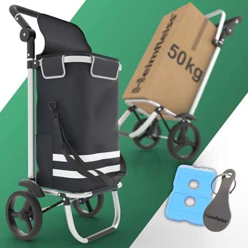 Heimfleiss® Chariot de Courses Pliable 56L | Caddie de Courses Pliant avec 50kg de Charge Utile | Sac de Courses Léger à roulettes | Chariot de Shopping XL avec Compartiment Isotherme | Noir